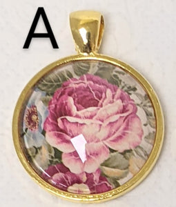 Roses In Bloom Glass Pendant Necklace (Gold)