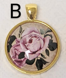 Roses In Bloom Glass Pendant Necklace (Gold)