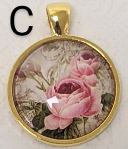 Roses In Bloom Glass Pendant Necklace (Gold)