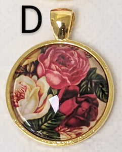 Roses In Bloom Glass Pendant Necklace (Gold)