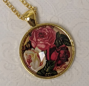 Roses In Bloom Glass Pendant Necklace (Gold)