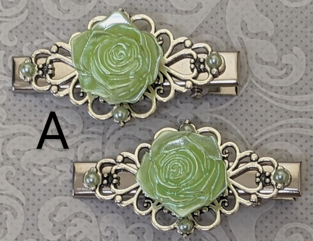 Ornate Pearl Rose Hair Clips